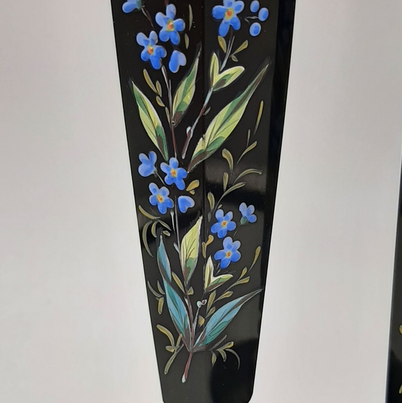 Pair Antique Black Glass Bus Vases Hand Painted Enamel Floral Gold Gilt Accent - Picture 2 of 10